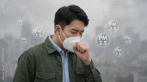 Pollution smog air urban man mask cough particulate city haze Urban man wear mask cough during pollution smog air emergency. toxic smoke carbon emission. city fog, environmental climate health