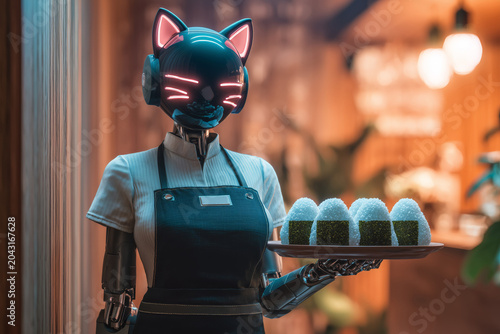 Android waitress wearing a glossy black cat mask and apron holds a tray of fresh onigiri rice balls in a modern futuristic Japanese cafe with neon lighting