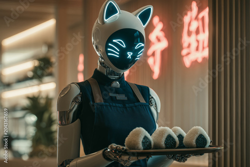 Three quarter view of an android waitress with a white and black cat mask, cyan neon lights, holding a tray of onigiri in front of red neon kanji signs inside a Japanese restaurant