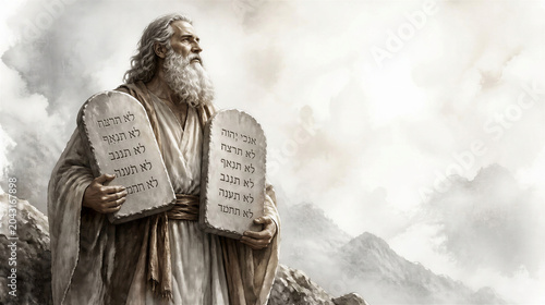 Moses holding the stone tablets of the ten commandments. Bible scene concept. Artistic minimalist art with copy space.