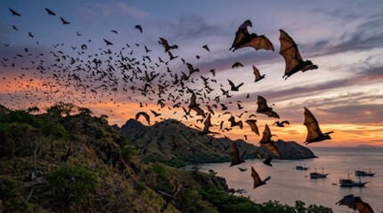 Swarm of fruit bats taking off at Komodo National Park, dramatic airborne wildlife scene with tropical dusk mood and strong ecotourism appeal, ideal for nature, migration and adventure themes,