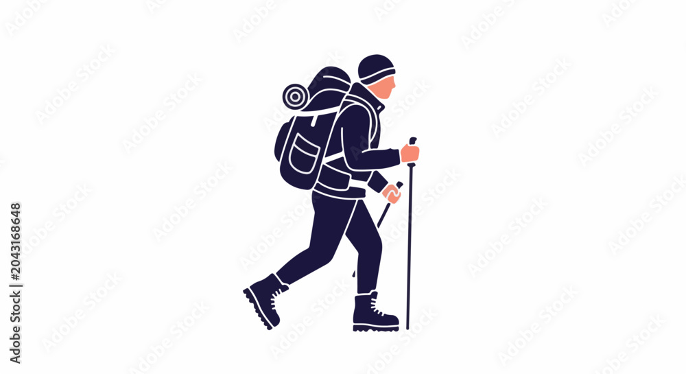 Obraz premium Stylized illustration of a hiker with a backpack and poles