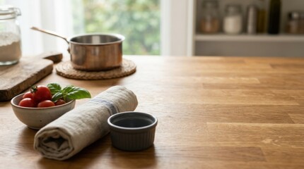 Wooden kitchen surface with clean copy space, cozy home mockup for food packaging, cookware branding and domestic lifestyle campaigns, inspired by desk and kitchen, warm authentic mood, soft natural
