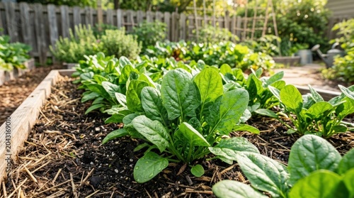 Fresh young spinach leaves growing in sunny vegetable garden bed with natural green texture, organic homegrown greens for healthy nutrition, gardening and sustainable lifestyle concept, natural light,