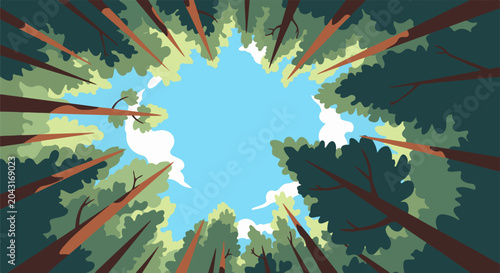 Looking up through a canopy of green trees to a bright blue sky with clouds