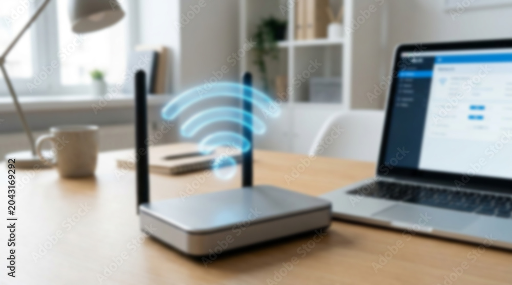 Fototapeta premium Soft focus blurred photo of Wireless internet router device with a glowing wifi signal icon on a wooden office desk next to a laptop computer for home or business network connection
