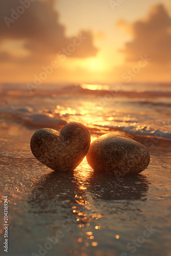 Heart shaped stones on sandy beach at sunset generated.AI