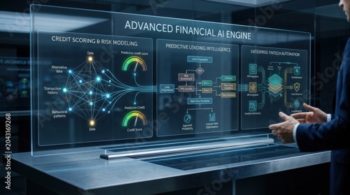 AI engine for advanced financial credit scoring, risk modeling, predictive analysis, lending intelligence and enterprise fintech automation concept, futuristic data-driven visualization with clean