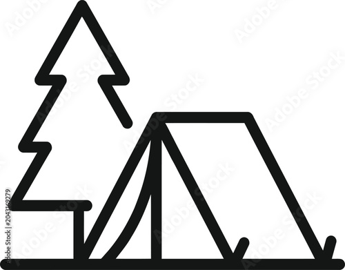 Fotografie Outdoor camping tent and forest pine tree linear icon for hiking adventure travel and summer holiday vacation theme design