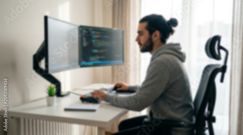Soft focus blurred photo of Young man with a man bun sitting at a white desk working on a computer monitor in a bright home office setting while typing on a mechanical keyboard