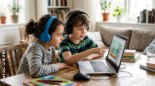 Soft focus blurred photo of Two young children wearing headphones studying together using a laptop at home in a bright living room for remote learning and online education