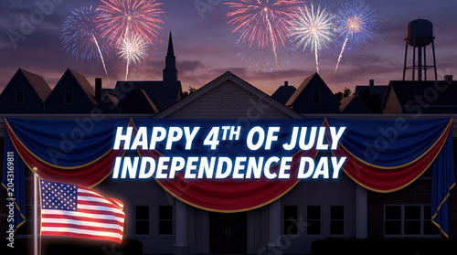 July 4 Independence Day small town fireworks patriotic banner premium holiday poster scene dusk neighborhood skyline with bunting and flags captures community celebration parade mood and local holiday