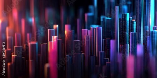 Glowing geometric abstract city concept digital art neon lights futuristic.