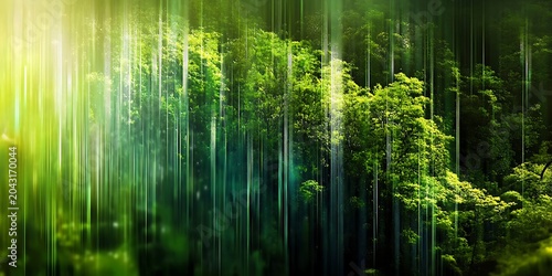 Abstract light streaks through lush green forest trees for nature background.