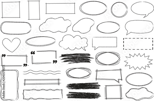 Hand drawn doodle frames, borders and speech bubbles vector elements set