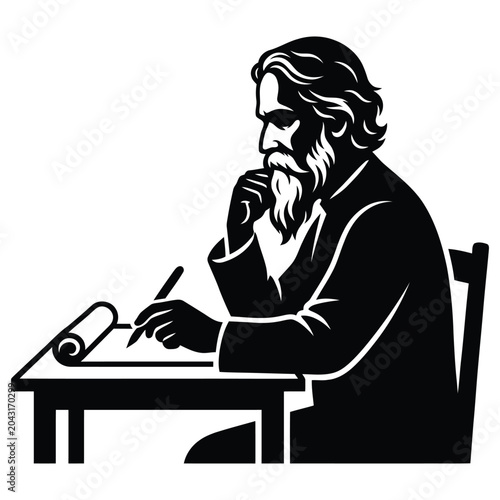 Obraz na płótnie Rabindranath Tagore silhouette vector illustration, poet and philosopher writing