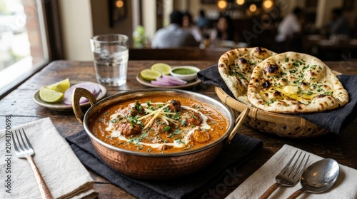 Authentic Butter Chicken with Naan in Copper Bowl – Rich Creamy North Indian Food Photography, rich texture, fresh garnish and restaurant menu appeal, clean table presentation, soft natural light,