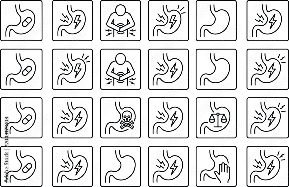 Fototapeta premium Stomach and digestive system line icon set showing pain, medication, toxicity, balance, and abdominal interaction symbols