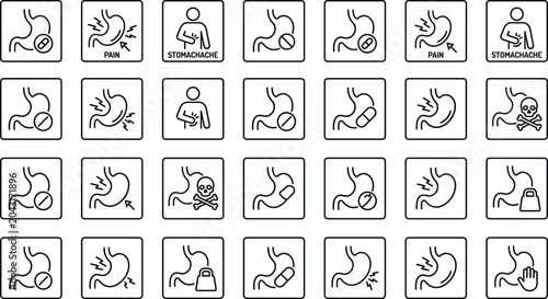 Cuadro en lienzo Stomach pain and digestive system line icon set showing stomachache, medication,