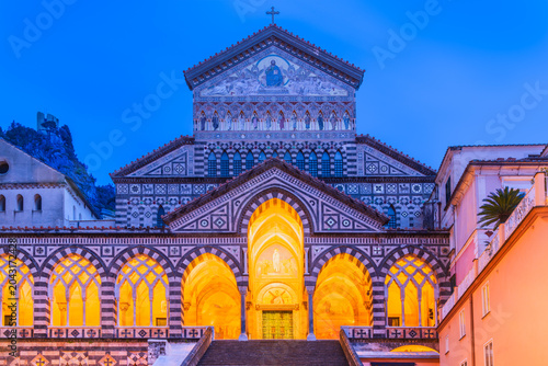 Amalfi, Italy. lluminated cathedral during beautiful Blue Hour