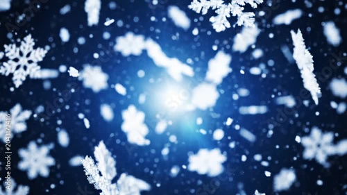 Dynamic snowfall animation with glowing blue lights and intricate snowflakes falling creating a magical winter atmosphere perfect for holiday and seasonal 4k Video