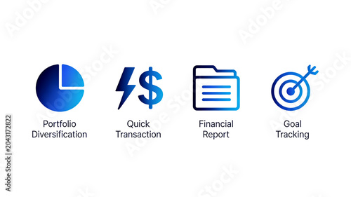 Pie charts, lightning dollars, and folders represent fast trading of portfolio investments, suitable for securities trading apps and wealth management tools.
