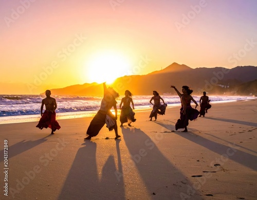 Silhouetted dancers perform a traditional dance on a sandy beach at sunset