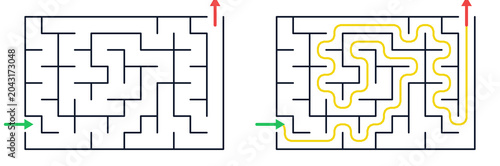 Maze puzzle with pathway and solution lines illustrated  
