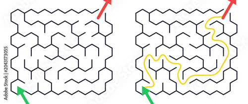 Maze design with path highlighted in yellow and arrows indicating routes  