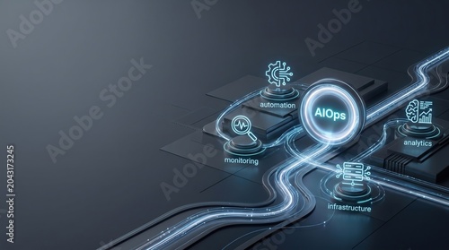 AIOps concept with glowing digital icons for monitoring automation analytics and infrastructure on dark background, it management, artificial intelligence, data processing.