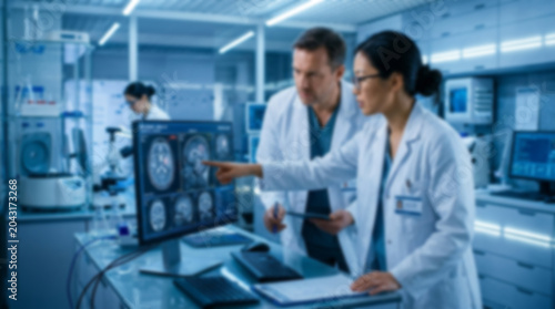 Soft focus blurred photo of Two professional scientists working in a modern research laboratory looking at medical brain scan data on a computer screen for a health experiment