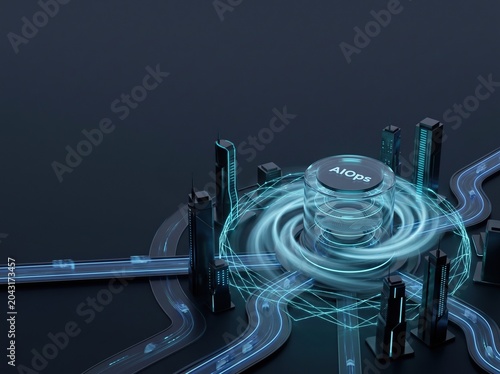AIOps text on glowing cylinder in miniature smart city with neon road traffic and skyscraper buildings, digital technology, data infrastructure, network connectivity.