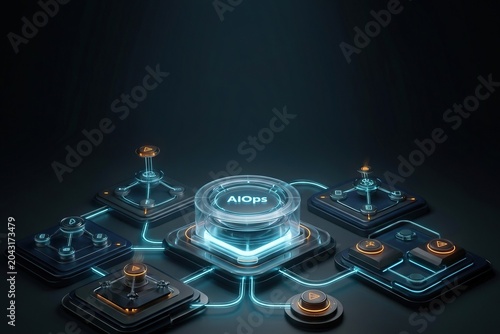 AIOps text on glowing digital interface with connected circuit nodes and futuristic data processing modules, technology background, automation network, cloud computing.