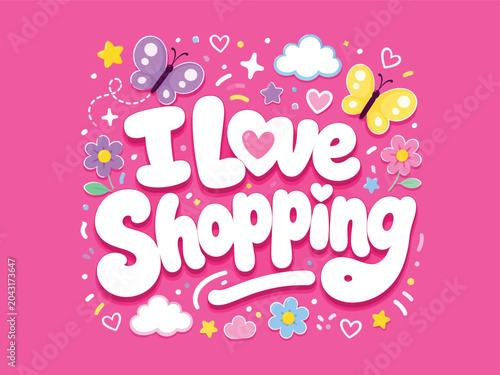 Colorful shopping icons, cute love shopping text, pink background vector graphics, ecommerce elements