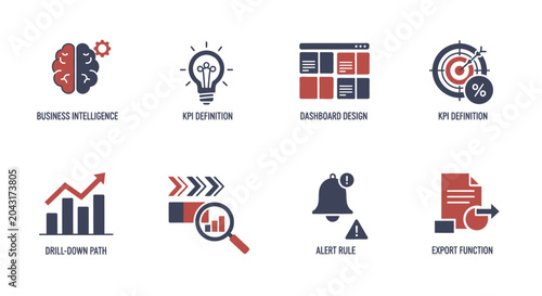 Business Intelligence Icons: KPI, Dashboard, Analytics, Strategy, Export