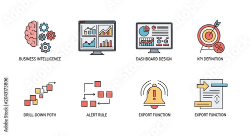 Business Intelligence Icons: Data Analysis, KPIs, Strategy, Alerts, Export