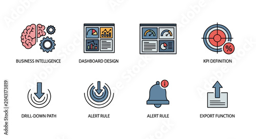 Business Intelligence Icons: Brain, Dashboard, KPI, Alert, Export