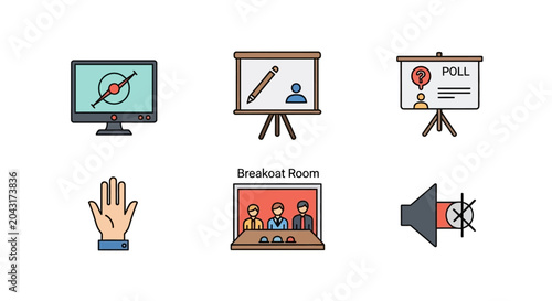 Business Meeting Icons: Computer, Presentation, Poll, Hand, Breakout Room, Mute