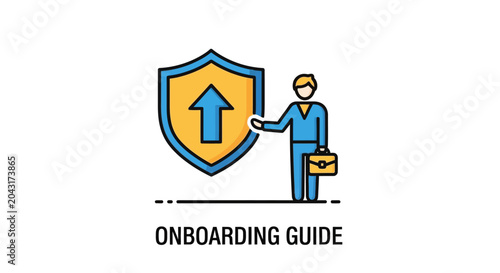 Business man with shield and upward arrow icon, onboarding guide concept