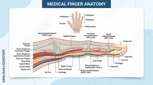 Bild auf Leinwand Medical Diagram of Human Finger Anatomy with Labels