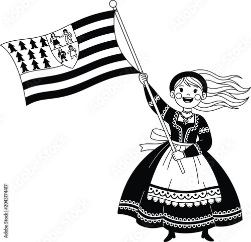 Billede på lærred Traditional Breton girl illustration holding flag, French folk costume character