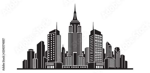 Foto Black Silhouette of a Modern City Skyline with Tall Skyscrapers and a Central Ic
