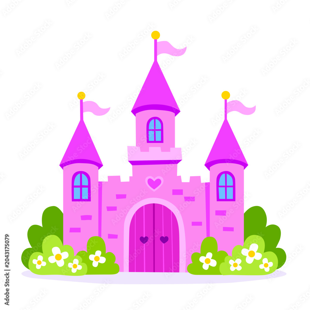 Fototapeta premium Adorable pink princess castle, simple flat vector cartoon style. Colorful fairytale illustration for childrens books, nursery decor, stickers, games and fantasy-themed projects, educational materials