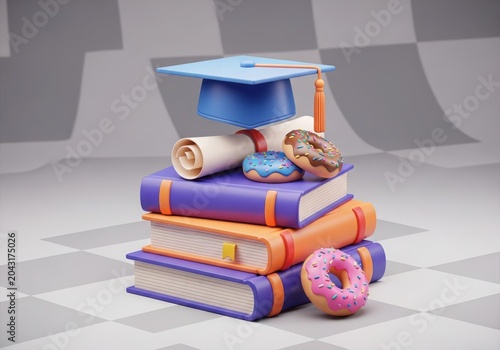 Graduation cap on stack of colorful books