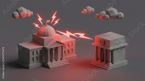 Minimal 3D low poly government building and central bank connected by glowing red lightning bolts under geometric clouds, finance crisis and political conflict concept.