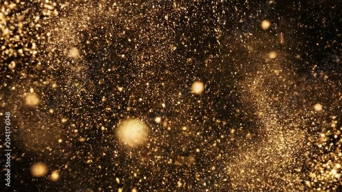 Golden sparkling particles exploding and swirling in a dark space abstract celebratory motion background with lens flares and bokeh effects cinematic visual 4k Video