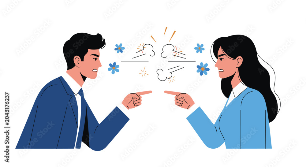 Fototapeta premium Frustrated man and woman in business suits pointing fingers and arguing with each other expressing anger and conflict in workplace.