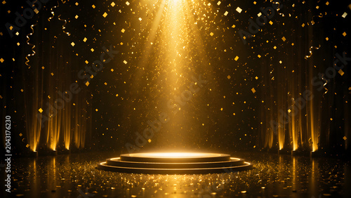 golden confetti rain on festive stage with light beam in the middle, empty room at night mockup with copy space for award ceremony, jubilee, New Year's party or product presentations