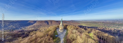 Aerial panorama of Hermannsdenkmal above Teutoburg Forest in Germany