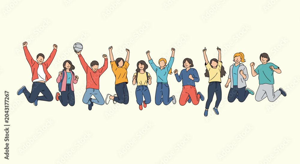 Obraz premium Group of diverse young people jumping together with arms raised in celebration of success freedom and happiness against pale background.